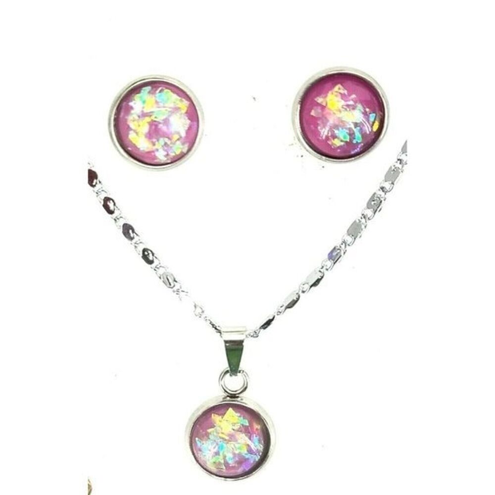 Created Pink Opal Earrings & Necklace - Rose Pink Opal, White Gold-Plated Chain